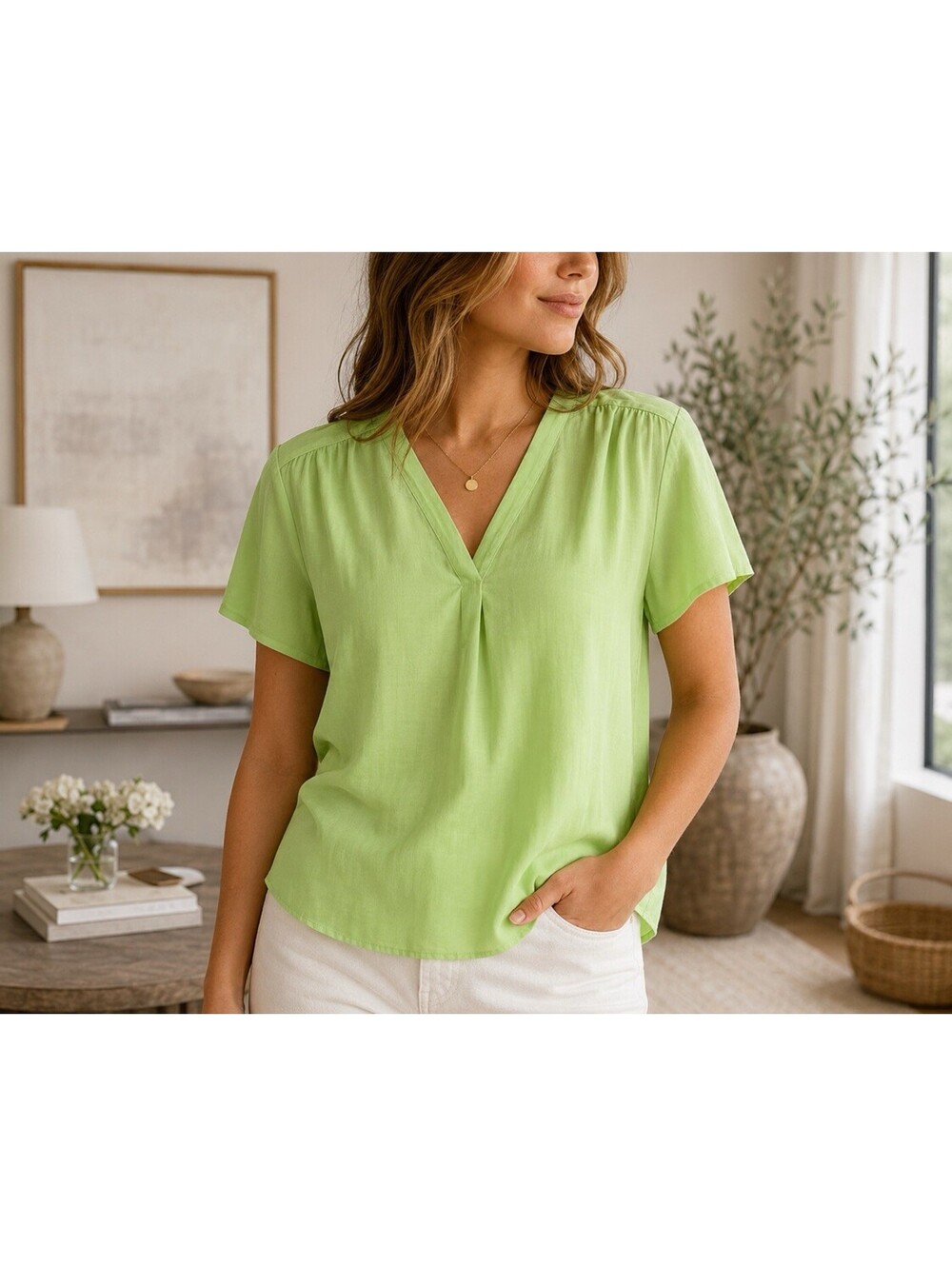 Alfani Women’s XL Melon Sky Lime Green V-Neck Short Sleeve Blouse NWT